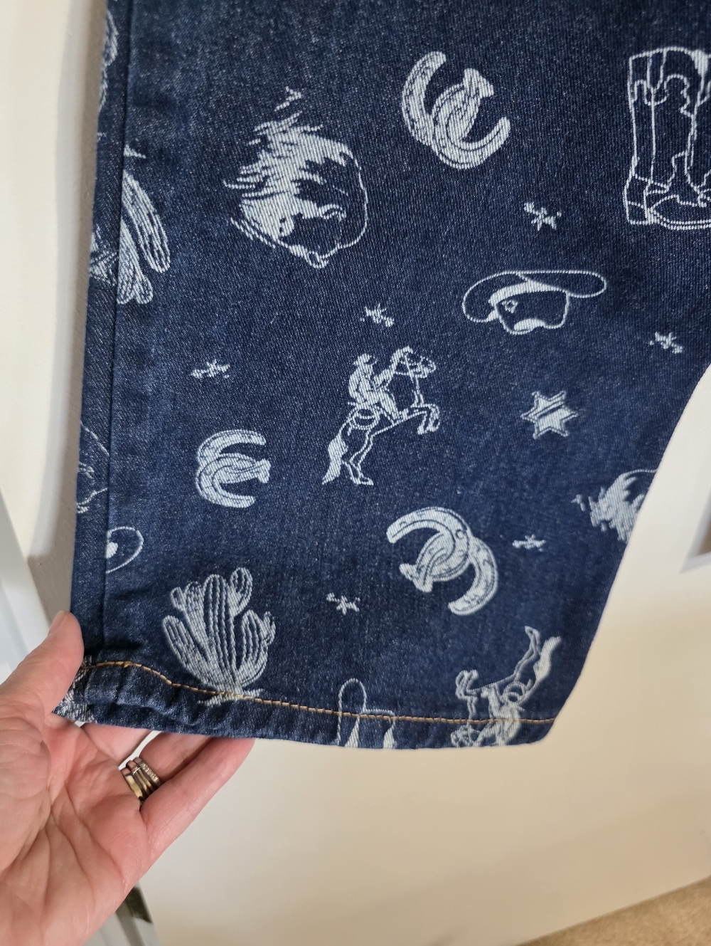 Calu 1850 Western Print Dark Blue Denim Wide Leg Jeans - Picture 11 of 17